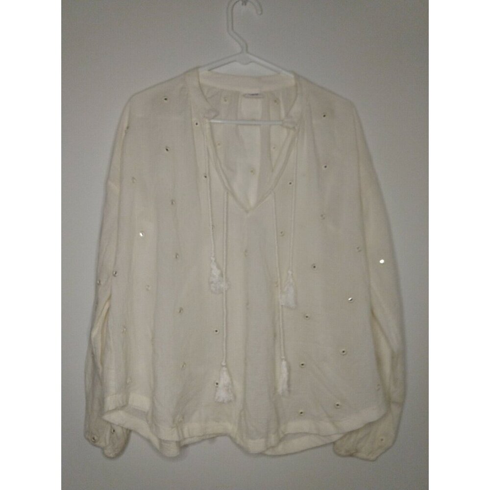 By Together Women's Size Small Long Sleeve Blouse Cream Mirror Stitched Raw Hem - Picture 1 of 6